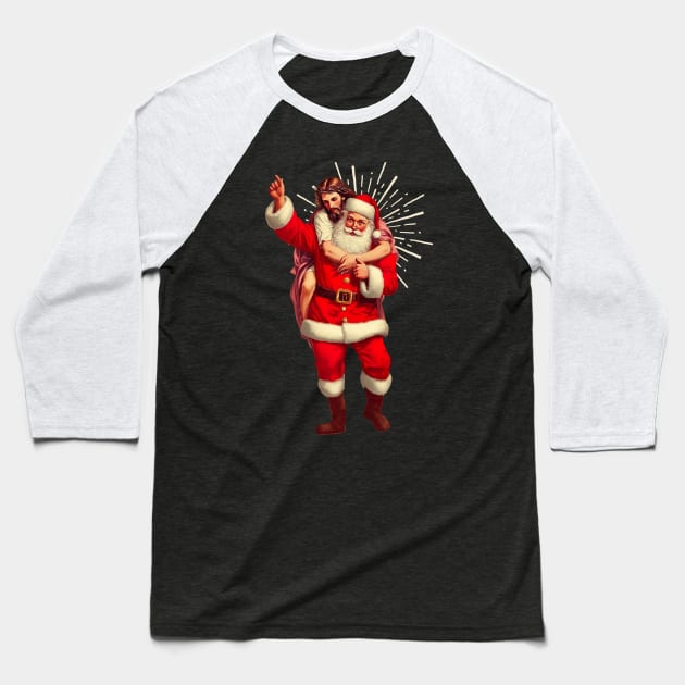 Ho Ho Holy Night - Santa and Jesus Piggyback Ride Baseball T-Shirt by TwistedCharm